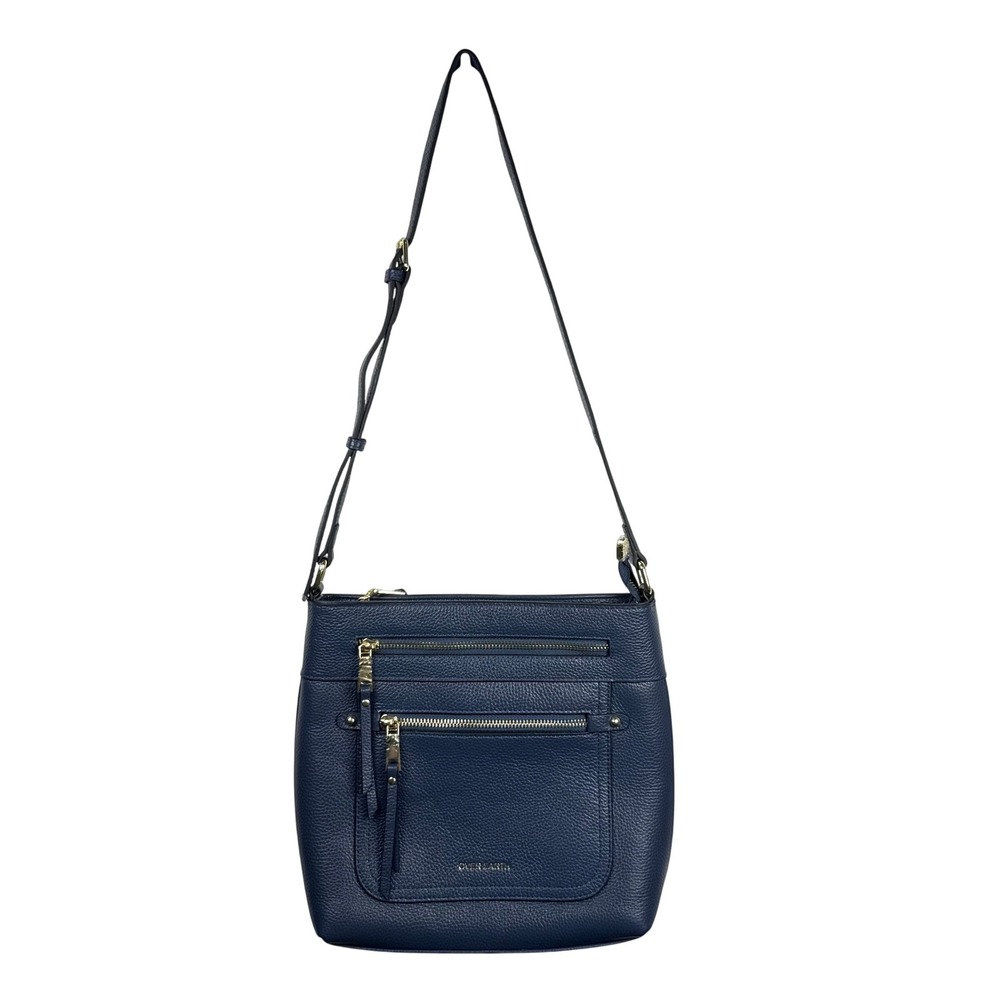 Over Earth Navy Blue Pebbled Leather Crossbody Bag Multi-Pocket Classic Everyday
